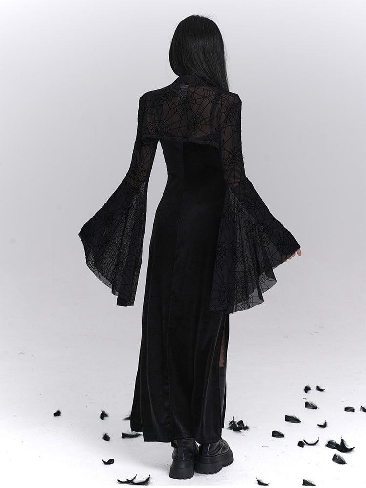 Spiderweb Cross-Lace Dress Thigh Red Slits Halloween Gothic Slip Print with Black Detail