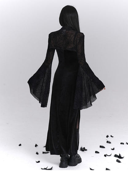 with Print PU Gothic Buckle Crop Bell Neckline Black Halloween Spiderweb Shrug Sleeve