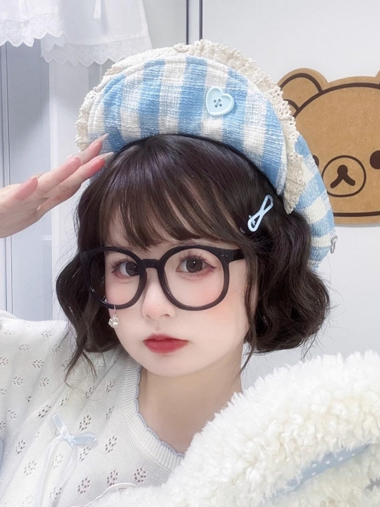 Heart-Shaped Button Hat Lace Blue Beret with Trim Plaid White