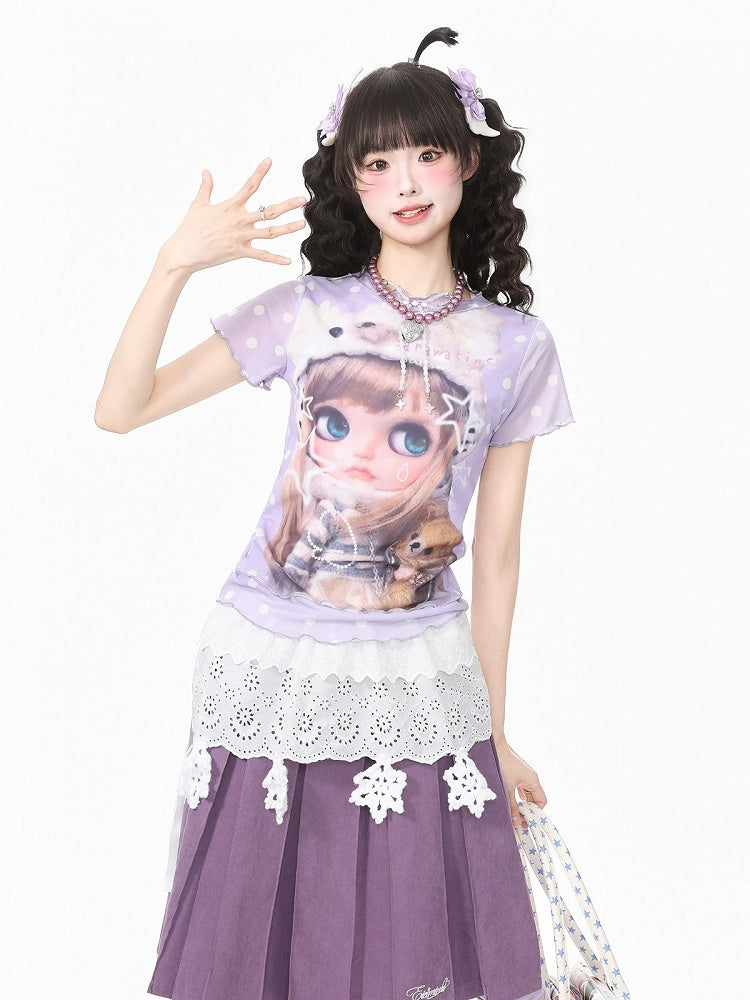 Purple Mesh Tee with Cartoon Girl & Polka Dot Motif - Languid Park