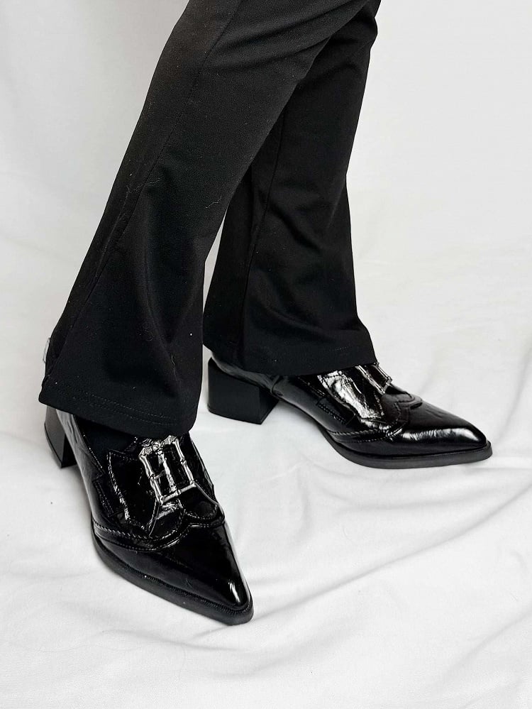 Pointed-toe Bat with Gothic PU Shoes Bow Black Buckle Accents Heeled Wing 5cm