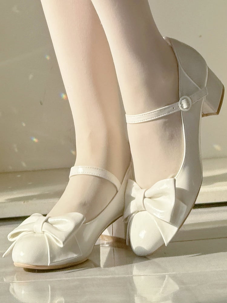 4cm Heeled Elegant Lolita Waxed White Mary Jane Shoes - Bow Decor & Round Snap