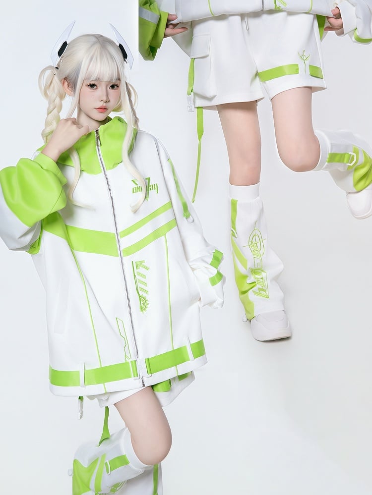 White Futuristic - Jacket in Colorblock Style Green 3-Piece Hooded Set Tech Landmine