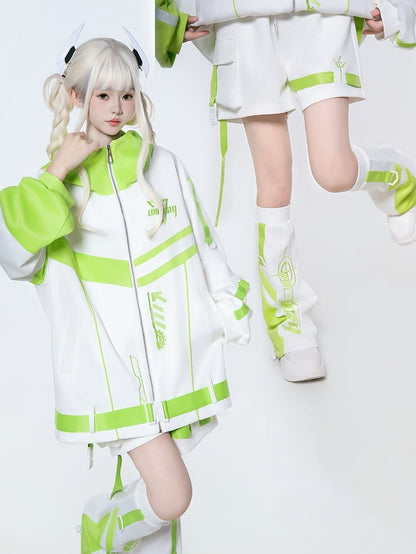 White Futuristic - Jacket in Colorblock Style Green 3-Piece Hooded Set Tech Landmine