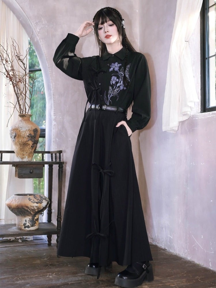 Gothic Long-Sleeve Shirt with Asymmetric Placket & Iris Print in Black Purple - Quirky Hut