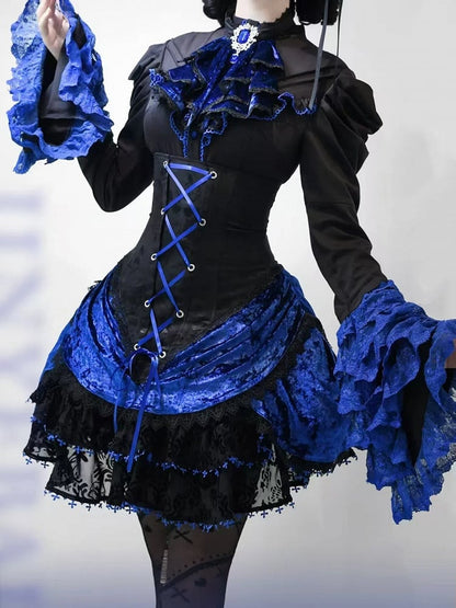 Skirt Blue Super and Klein Waist High Gothic Boned Corset Lolita Black