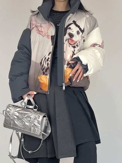 Jacket with Dog Stand Collar Zip-Up Gray Dark Print Spot