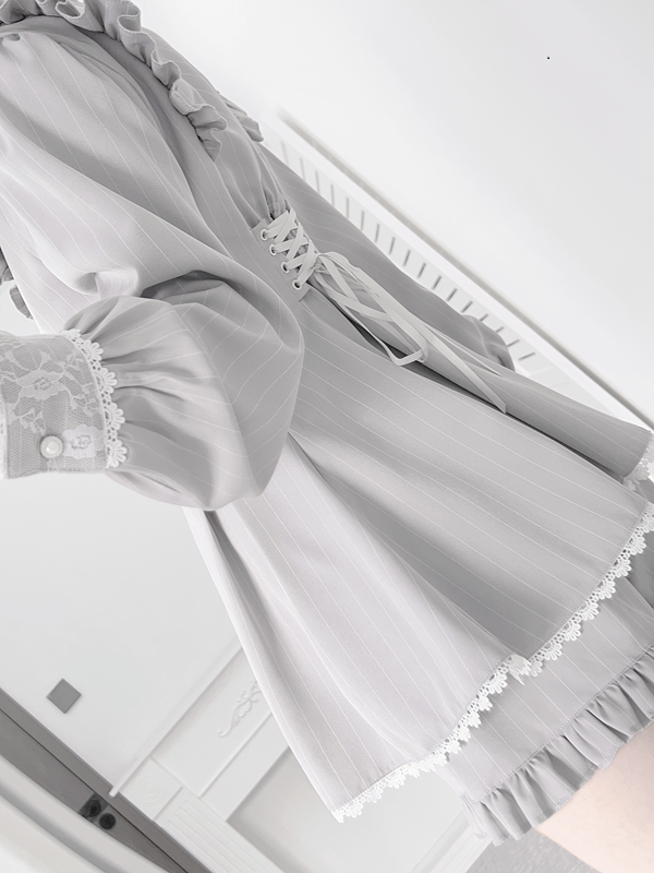 Matching Gray Kei + Bow Set Shorts Lace Long-Sleeve Light Dress Jirai Ruffle