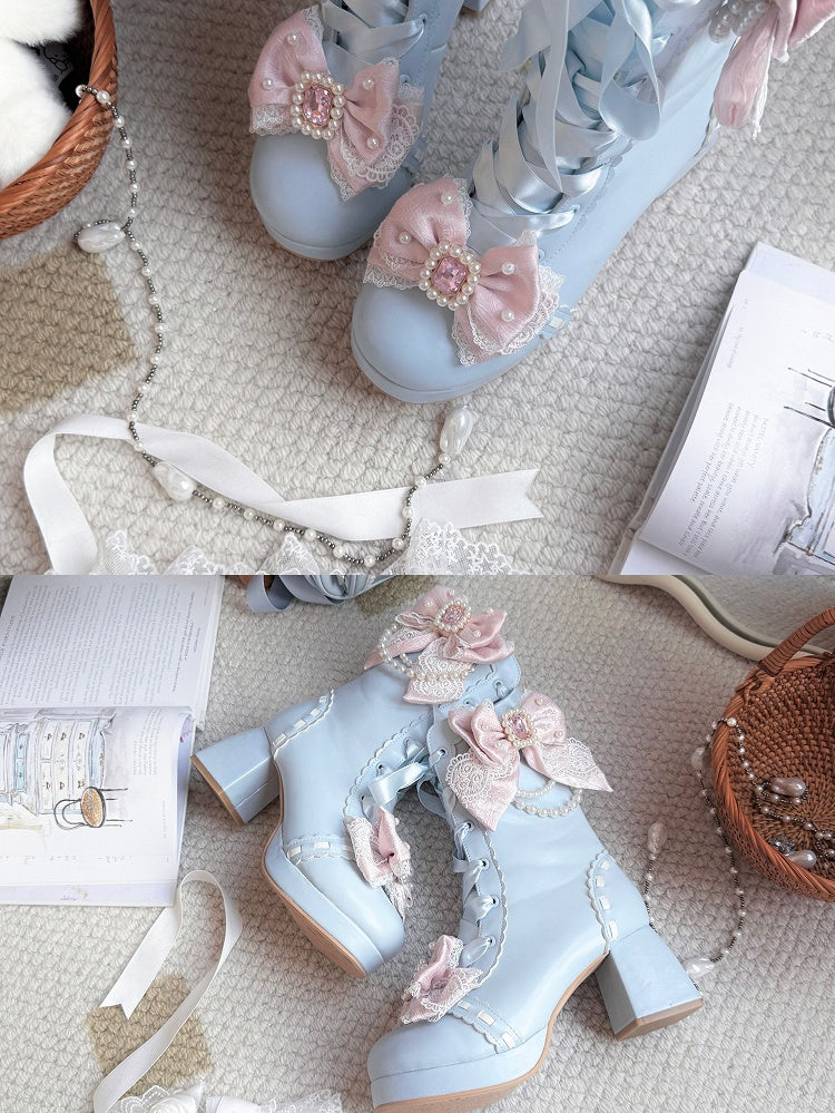 Blue Sweet Lolita Boots with Rhinestone Accents - Sheep Puff