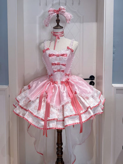 and Waist Accents Lolita Pink with Dress Basque Floral Fluffy Sweet Print Bow