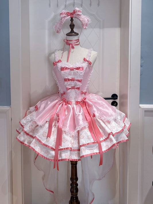 and Waist Accents Lolita Pink with Dress Basque Floral Fluffy Sweet Print Bow