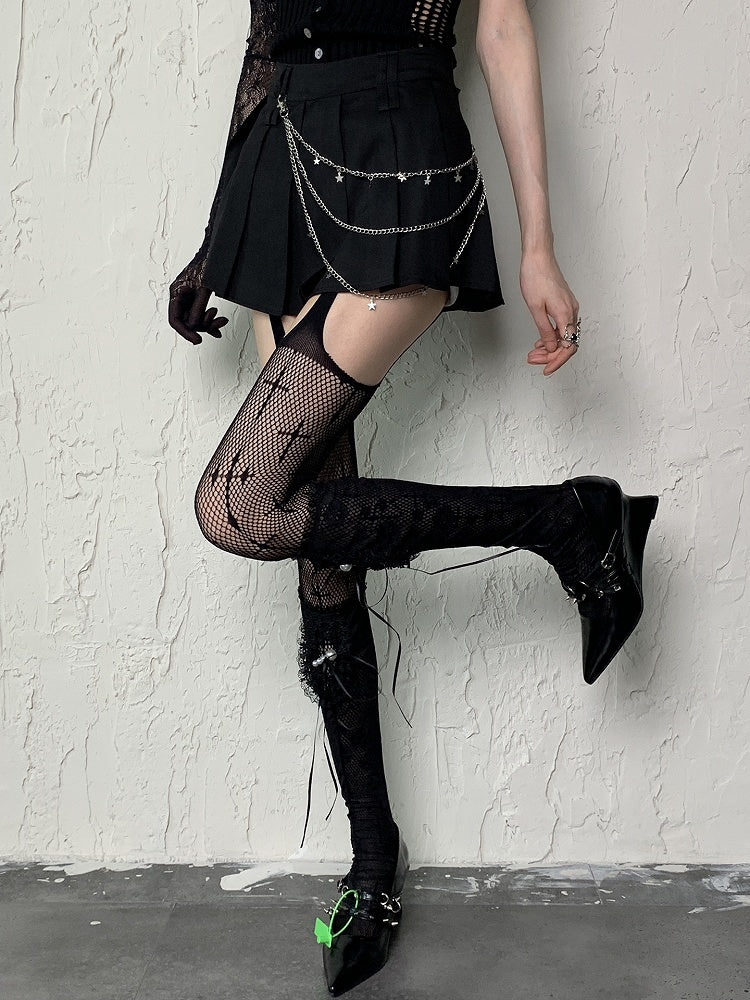 Pearl Self-tie Stockings Black Straps Floral Y2K Pattern Semi-sheer Underknee With Charms