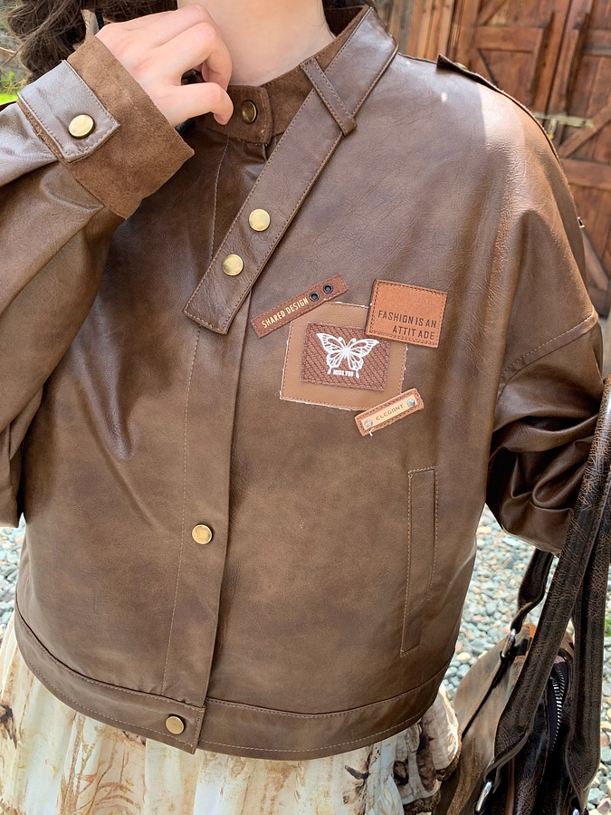 Brown Badge Autumn for Appliques Vintage PU Jacket