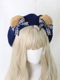 Beret Sweet Red Detachable Plaid Lolita Bear Ear Blue Bowknot / With Dark