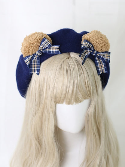 Beret Sweet Red Detachable Plaid Lolita Bear Ear Blue Bowknot / With Dark