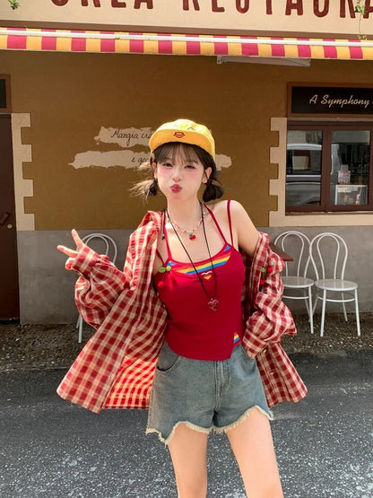 夏用ゆったりチェックシャツ（袖取り外し可能）イエロー/グリーン/レッド