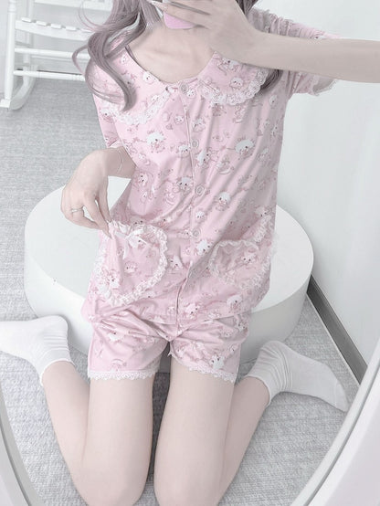Pajamas Print + Bunny Peter Pan Collar Allover Pink Blouse Kei Jirai Heart Pockets Set Shorts