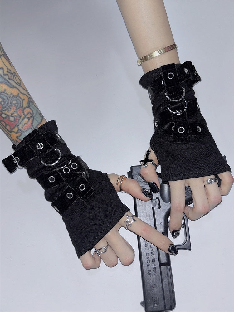 Gloves Decorated Buckle Black Y2K