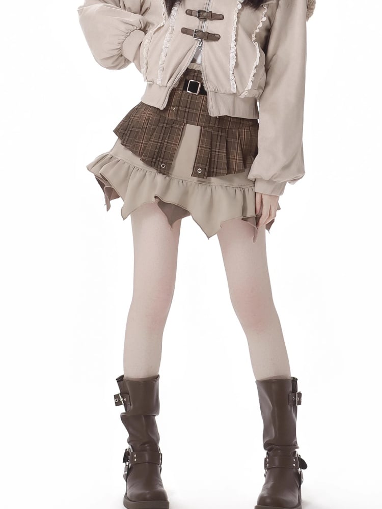 Brown Plaid High-Waisted Mini Skirt