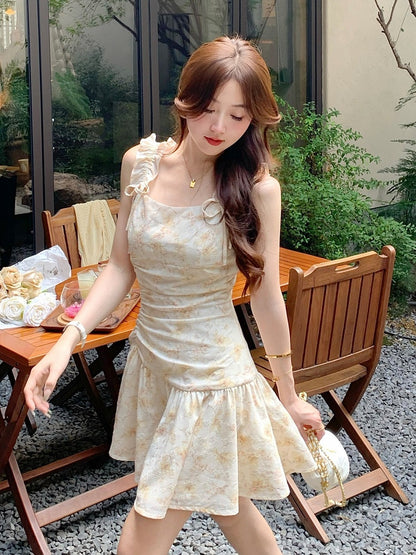 Light Yellow Floral Print Summer Holiday Dress - Qchiwawameme