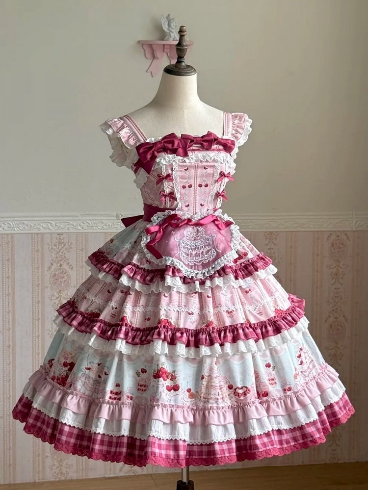Pink Cherry Cake Print Sweet Lolita Dress with Layered Ruffles - Strawberry Fantasy