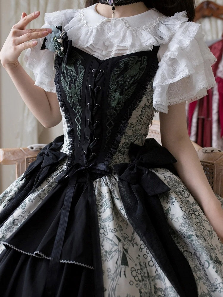 Green Forest Elegant with Print Animals Dress Lolita Bodice and Corset