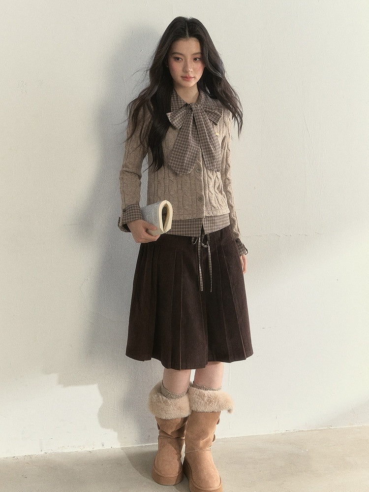 Pleated Waistband Brown Double Vintage Chestnut Skirt with
