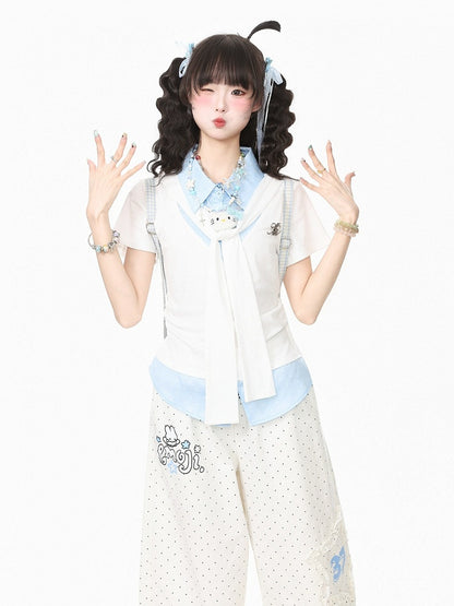 Tie-Detail Waist-Cinched Faux Layered Top in Blue and White Dot Print - Languid Park