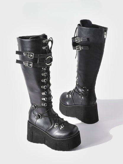 Knee-High System - Platform in Boots with Black Buckle Fastening Triple Style Punk