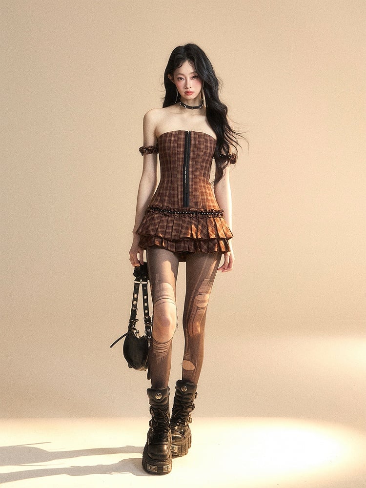 Trägerloses Kleid, Faltenrock, gestuft, glamourös, Mini, Latte, Kakaobraun, kariert