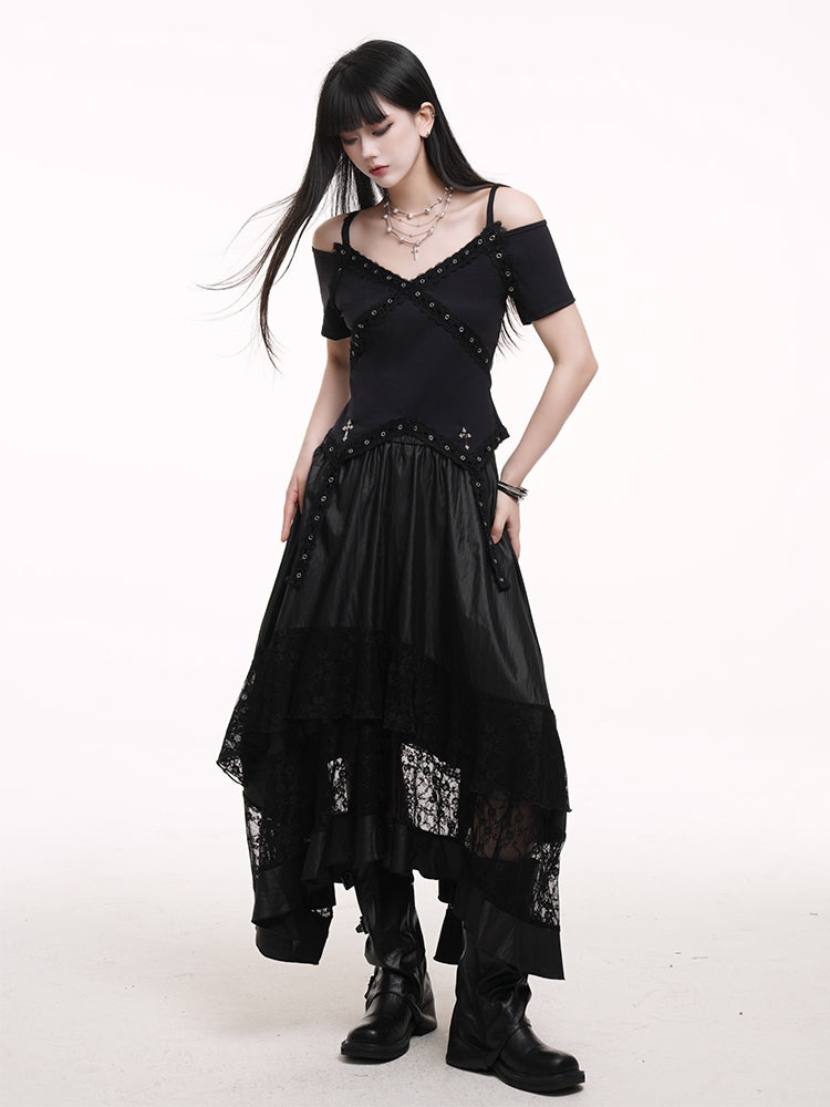 Hem Lace Patches Skirt Black Elastic Waist Asymmetrical
