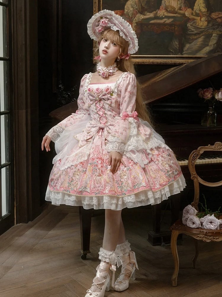 Rosafarbenes Lolita-Kleid mit Rosettendruck, inspiriert von der Rokoko-Mode, quadratischer Ausschnitt, Glockenärmel, OP/komplettes Set