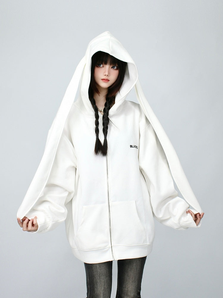 Bunny-Eared Zip Decoration White with Longline Hoodie