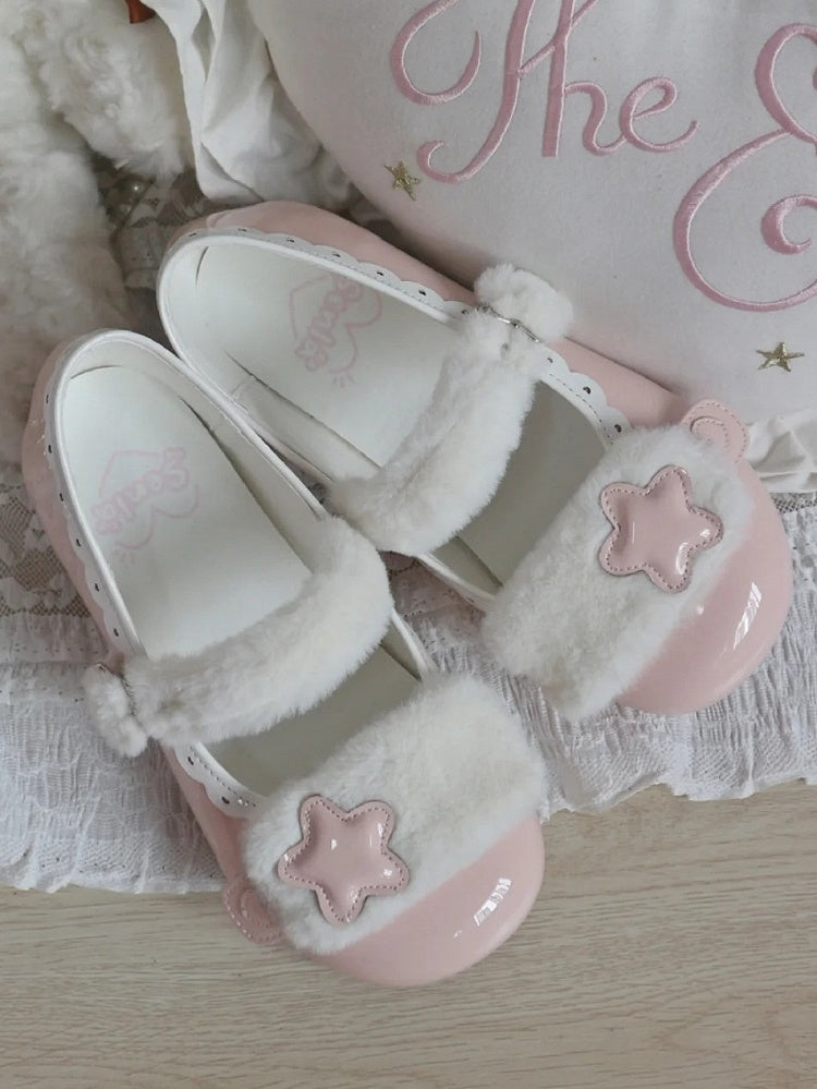 Accent Plush Star Sweet Button Flats Weißer Riemen Druckknopf Rosa - PU