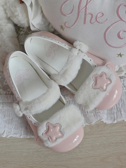 Accent Plush Star Sweet Button Flats White Strap Snap Pink - PU