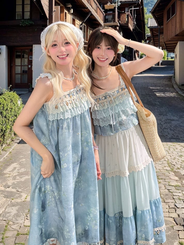 Dye Tie Charm Blue Sleeveless Dress Ruffles Bohemian Tassel Hem Shell Tiered