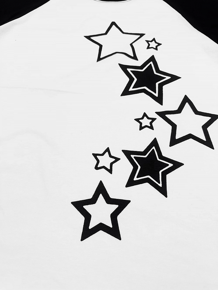 T-Shirt Schwarz Weiß Colorblock Design Stern Print Baumwolle