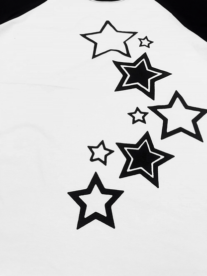 T-Shirt Black  White Colorblock Design Star Print Cotton