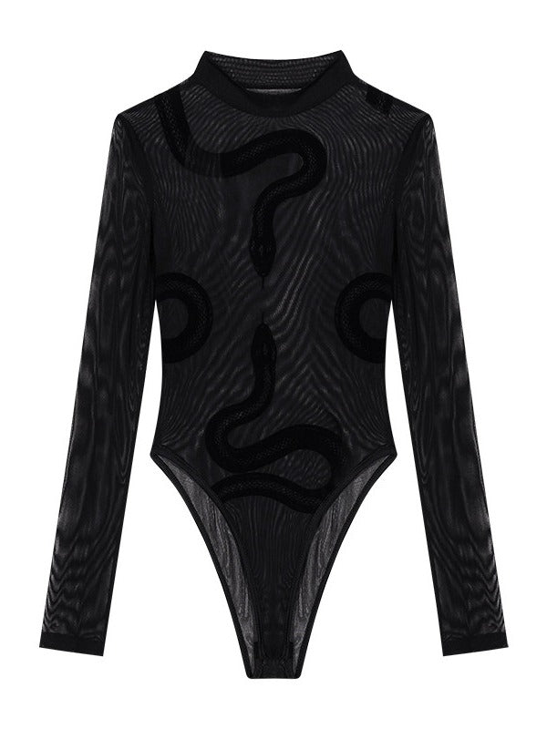 Black Punk Sheer Long Sleeve Top with Snake Pattern Decoration