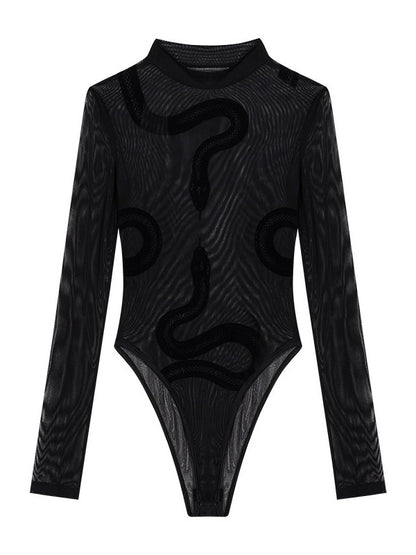 Black Punk Sheer Long Sleeve Top with Snake Pattern Decoration
