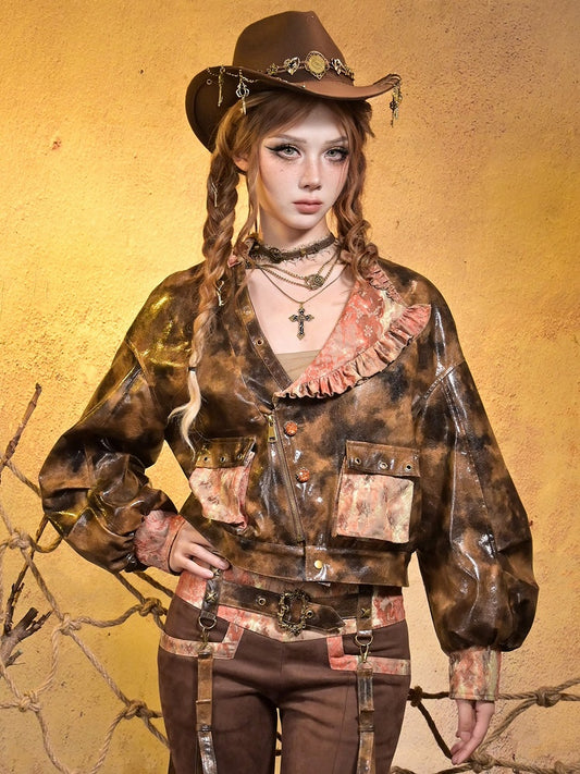 Collar Lace Orange Brown Millard 3D PU Asymmetrical with Steampunk Pockets Jacket