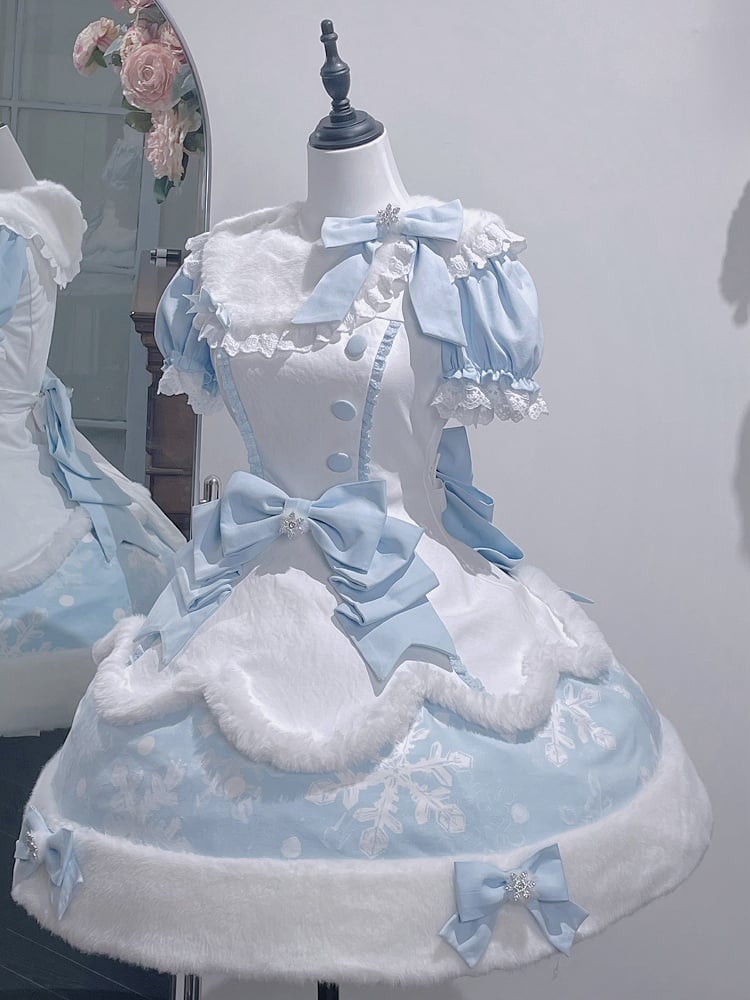 Dress Detachable - Winter OP Snowflake Set Sleeves Headpieces Print + Sweet Lolita Full Bows