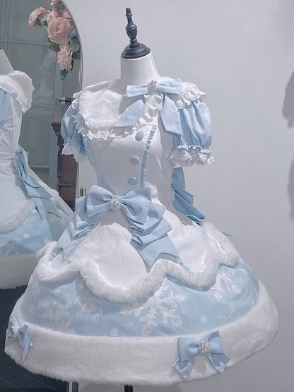 Dress Detachable - Winter OP Snowflake Set Sleeves Headpieces Print + Sweet Lolita Full Bows
