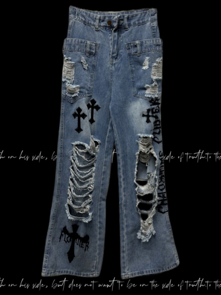 Jeans Wash Glamorous Flared Faded Blue Distressed Holes Cross Appliques