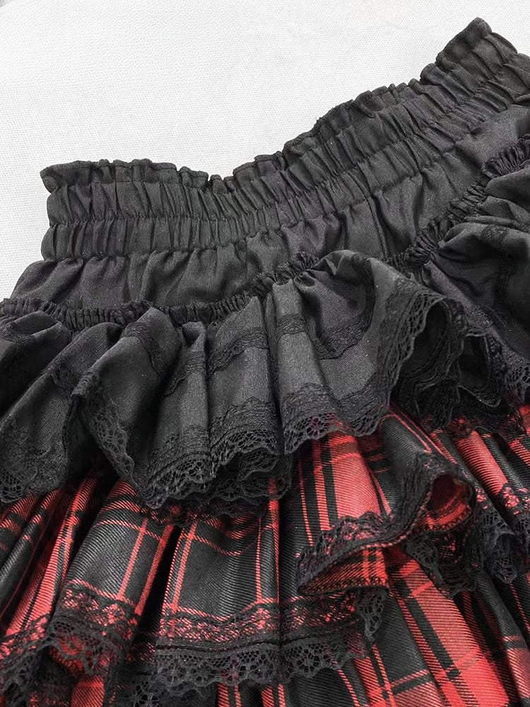 Y2K Redand ブラック チェック柄 レーストリム 太もも丈 裏地付き ティアードスカート