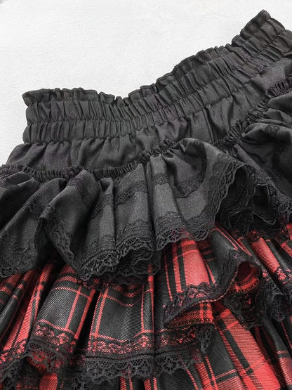 Y2K Redand ブラック チェック柄 レーストリム 太もも丈 裏地付き ティアードスカート