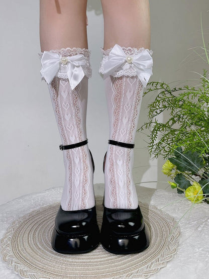 White Semi-sheer Bowand Heart Lace Trim Calf Socks