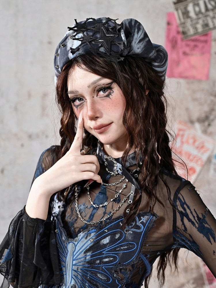 Grunge Punk Rock Star Nieten Blau und Schwarz Tie Dye Baskenmütze