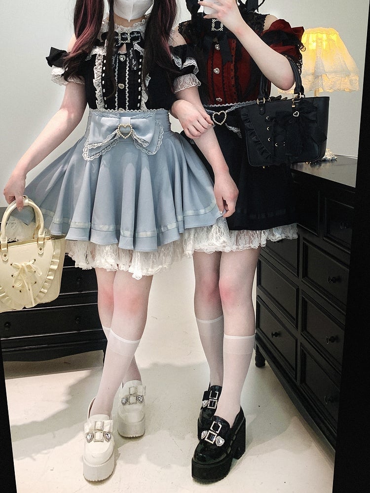 Jirai Kei Lace Bow Big Back Skirt Black/Light Trim Beaded Heart Decorated Blue Lace-up