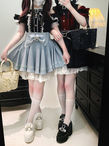 Jirai Kei Lace Bow Big Back Skirt Black/Light Trim Beaded Heart Decorated Blue Lace-up